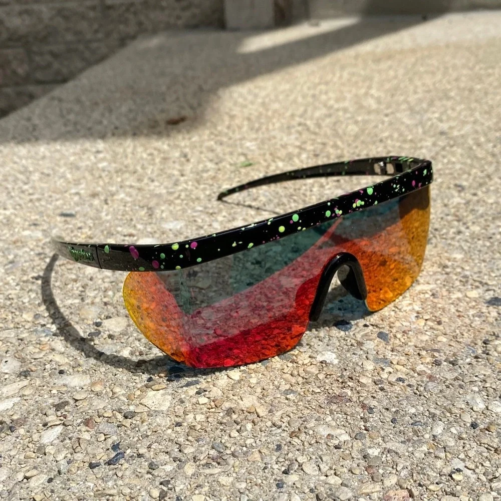 1980s Retro Neon Paint Splatter Wrap Shield Sunglasses Red Mirrored Lens Rave